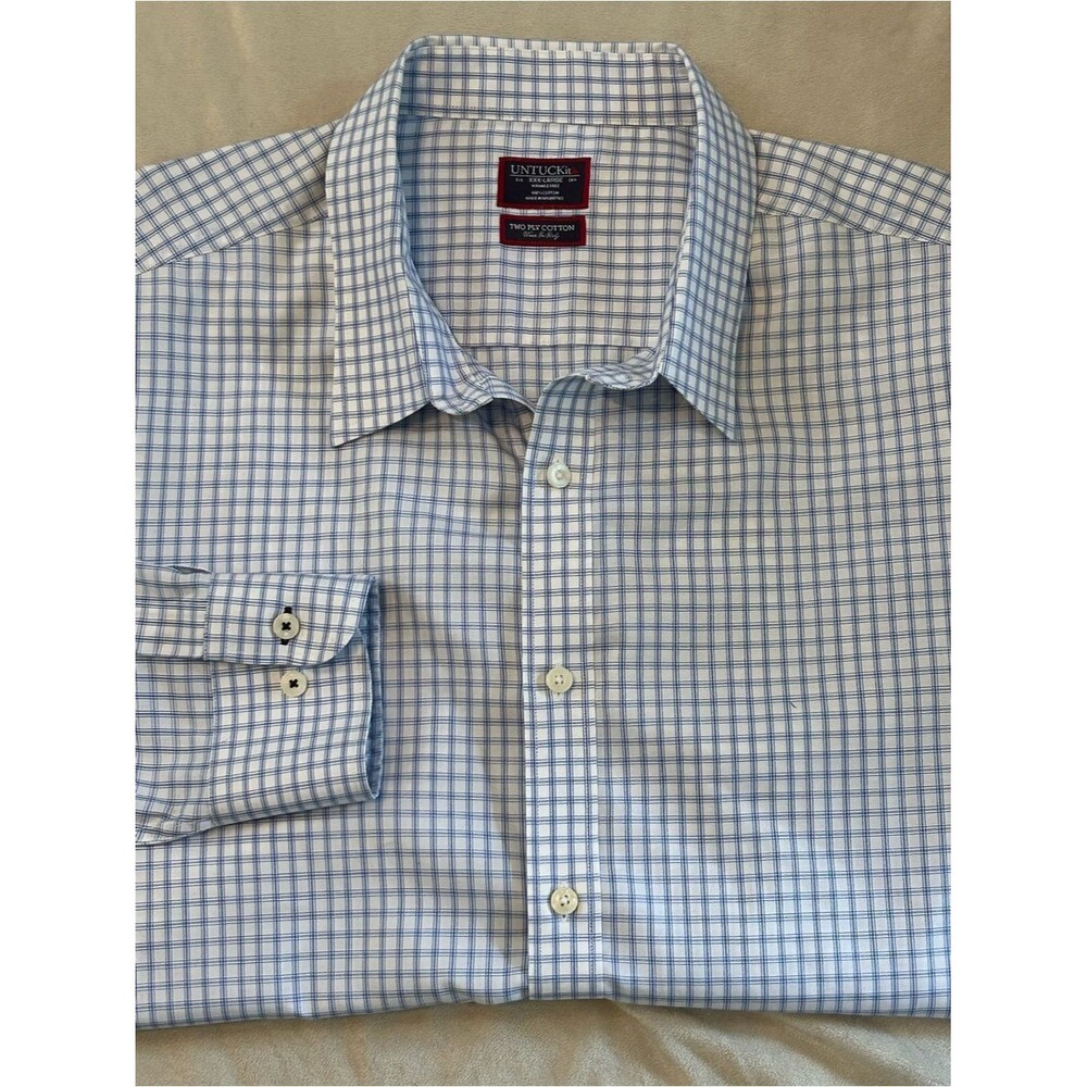 UNTUCKit Shirt Mens XXXL Blue White Plaid Wrinkle Free Cotton Long Sleeve 3XL